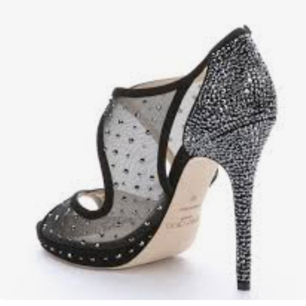 Jimmy Choo" Leondra" Black Suede& Semi- Sheer Mesh With Swarovski Crystals. 8.5 - Picture 13 of 16